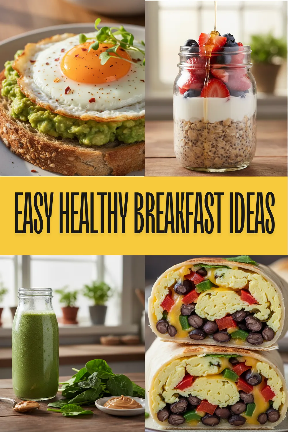 A spread of healthy breakfast ideas including overnight oats with berries and avocado egg toast on a wooden table.