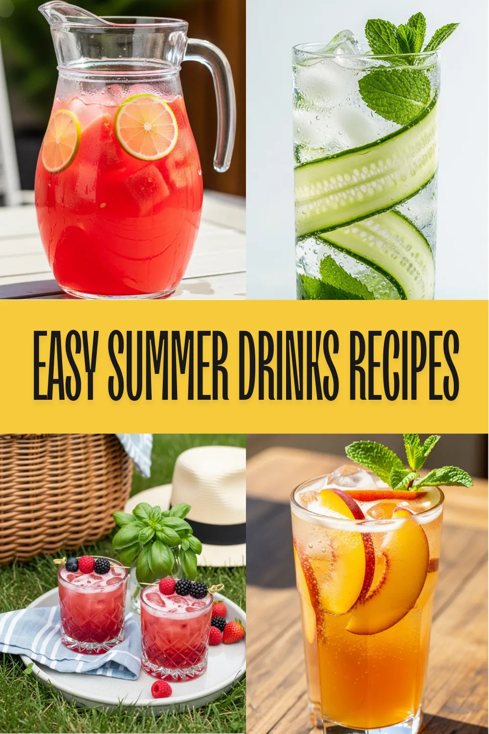 Two refreshing easy mocktails non alcoholic summer drinks featuring cucumber mint and watermelon limeade on a sunny table.