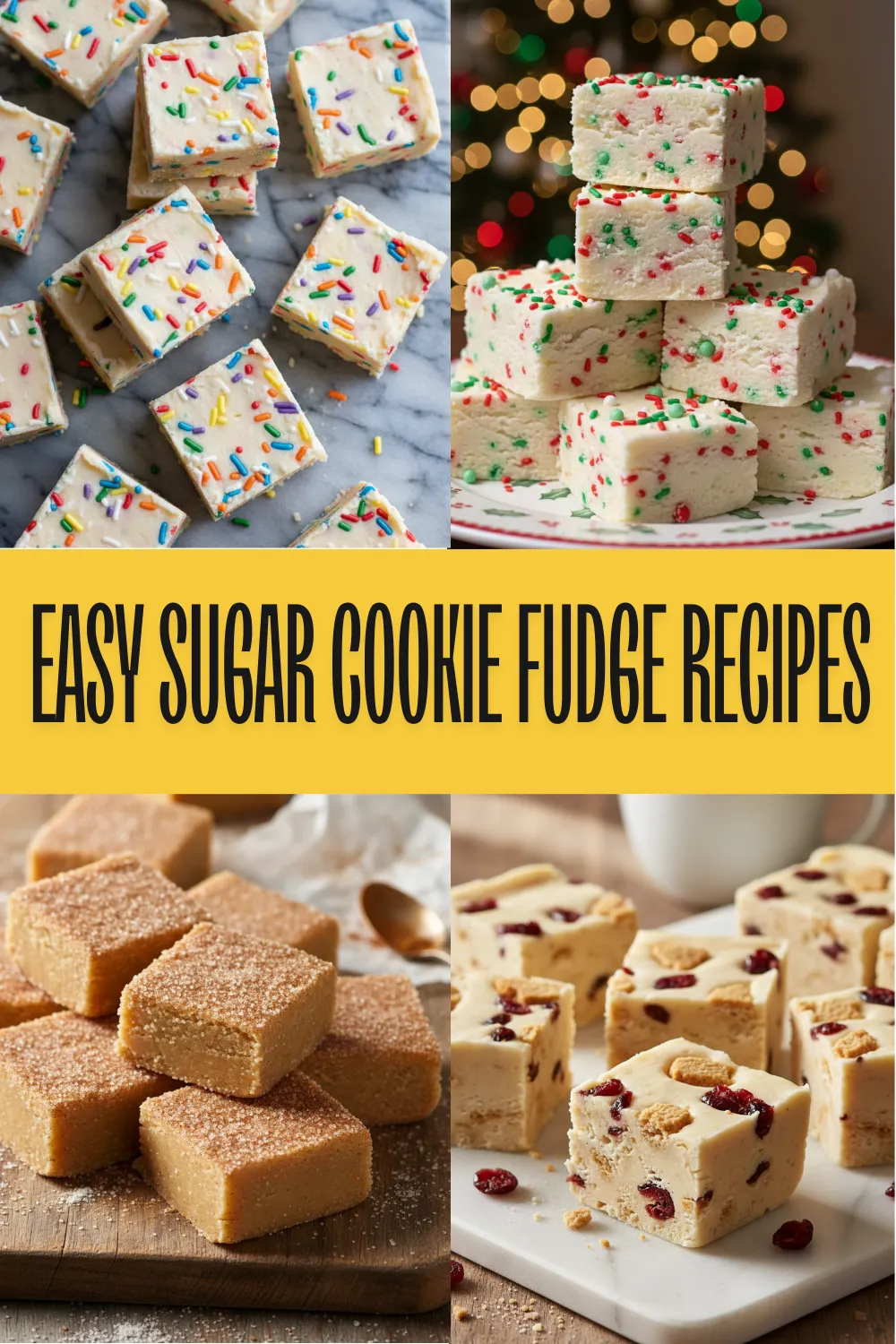 A close-up view of creamy sugar cookie fudge squares decorated with festive sprinkles on parchment paper.