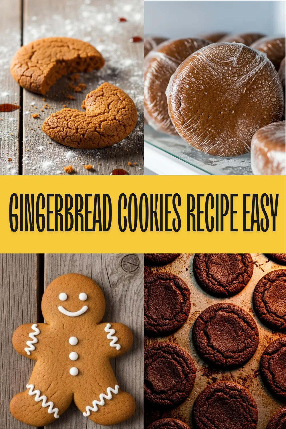 Decorated gingerbread cookies shaped like men and snowflakes with cinnamon sticks and flour on a wooden surface